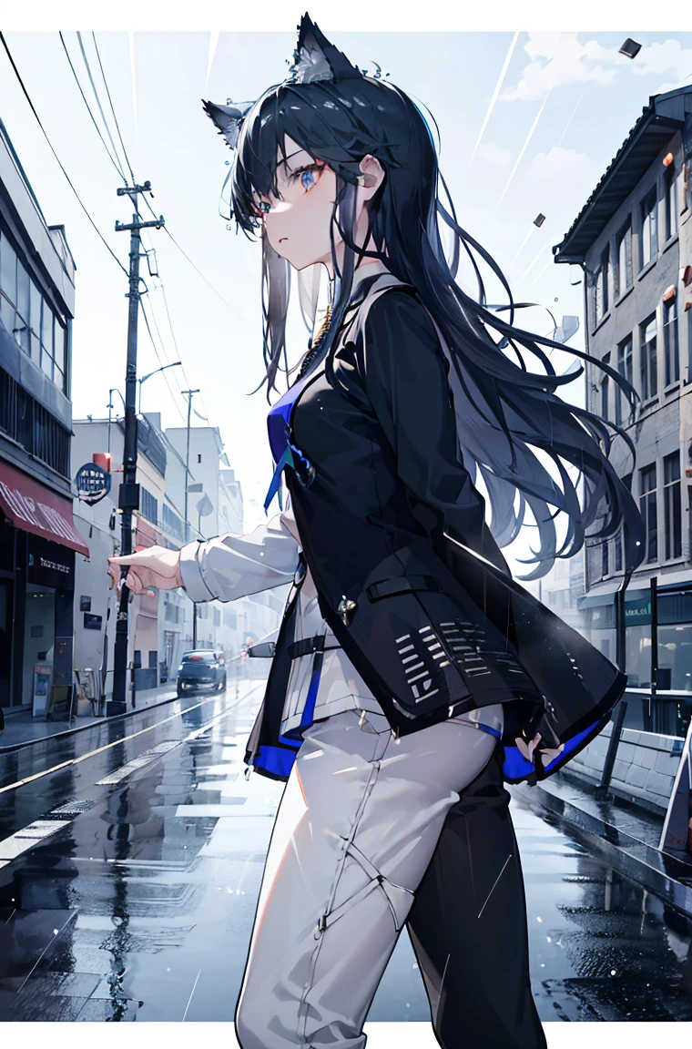 A masterpiece,omertosa，calm，smokes，best quality, Illustration style，Large aperture portrait， Anime Girl, beautiful eyes, summer, Wide leg pants, small, Heartwarming, Youthful and beautiful,,Regular Clothes，Black and white,, showing a natural casual style. Dynamic posture contains the golden ratio, China, White space, Strong contrast between light and shadow, Super texture, Super clear and concise pictures, presenting extremely beautiful, Elegant temperament, subtle facial expressions, City background, rain, Road area water reflection，one person