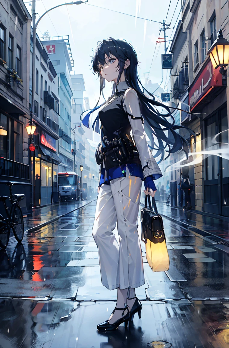 A masterpiece,omertosa,calm,smokes,best quality, Illustration style,Large aperture portrait, Anime Girl, beautiful eyes, summer, Wide leg pants, small, Heartwarming, Youthful and beautiful,,Regular Clothes,Black and white,, showing a natural casual style. Dynamic posture contains the golden ratio, China, White space, Strong contrast between light and shadow, Super texture, Super clear and concise pictures, presenting extremely beautiful, Elegant temperament, subtle facial expressions, City background, rain, Road area water reflection,one person