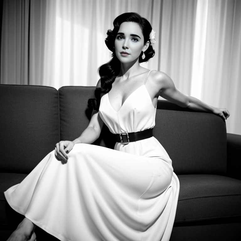 black and white photos. Jennifer Connelly, leaving room couch, long dress, pin-up, vintage dress, 22 years old, perfect body, 40's, perspective, half body detail, sharp focus, light mix, detail, 50's, (high skin detail: 1,2), 8k hd, DSLR, Luz outfit, high quality, Fujifilm XT3 Grainy Films.