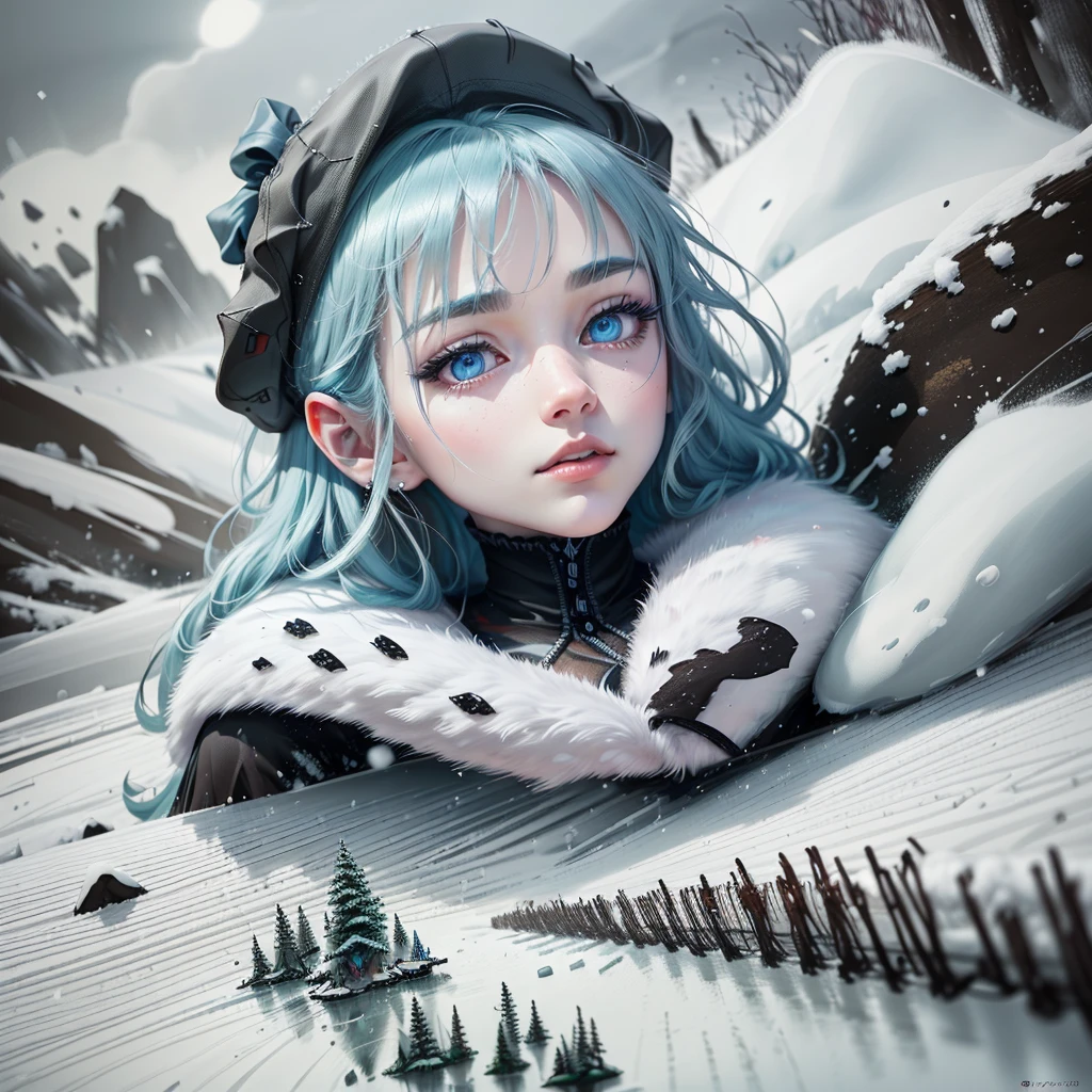 A snowy ghost, anime style, mountainous landscape, snowstorm, beautiful detailed eyes, beautiful detailed lips, extremely detailed eyes and face, long eyelashes, 1girl, digital painting, intricate details, (best quality,4k,8k,highres,masterpiece:1.2),ultra-detailed,(realistic,photorealistic,photo-realistic:1.37),HDR,UHD,studio lighting,ultra-fine painting,sharp focus,physically-based rendering,extreme detail description,professional,vivid colors,bokeh,fantasy,cinematic lighting,dramatic,moody,cold colors,icy