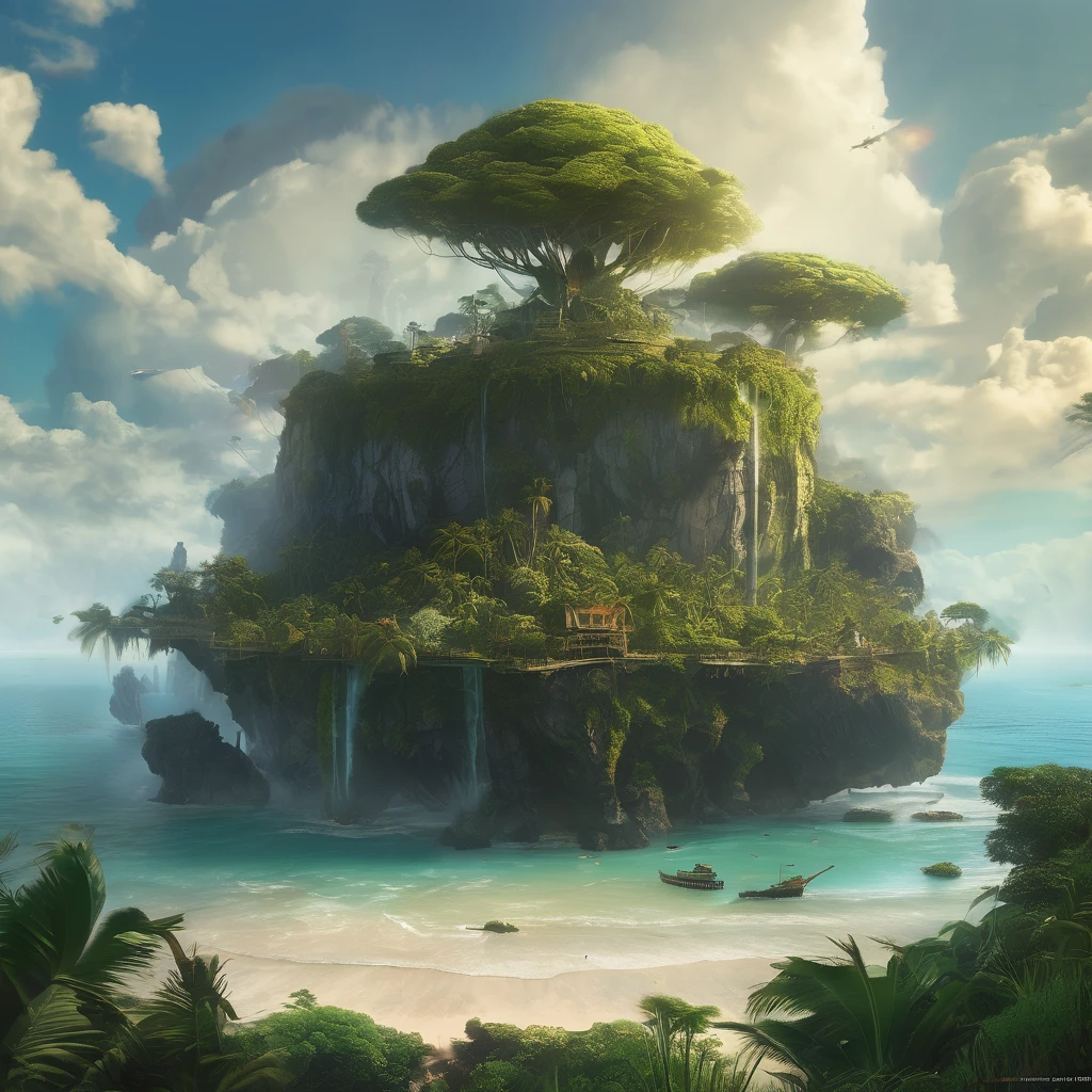 An island inhabited by giants, extraordinary scale, science fiction, top image quality