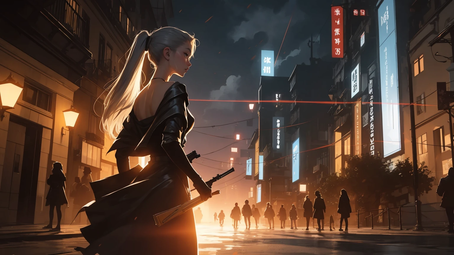 (beste-Qualit)),Cyborg girl in cyborg style，grey hair，Long ponytail hairstyle，(((upper body, a woman stands in a city, dark sky, high buildings, storm, aiming with rifle))), beautiful eyes, beautiful girl, highly detailed skin, highly detailed eyes, Highly detailed hair, highres, extremely detail, Sharpen image, muito detalhado, ​masterpiece, best quality, photorealestic, 1 girl, shorth hair, cyberpunk, jacket, armor, gloves, belt, lederhosen, glowing, Size, tube top, Decollete, holding pistol, rifle,、PBR-Textur、Aftercare、Anisotropy filtering、deep champaximum definition and sharpnesulti-channel textures、Albedo and specular maps、Surface coloring、Precise simulation of the interaction between light and matter、proporções perfeitas、I make octane、two-tone light、big opening、Low ISO、White balance、the rule of thirds、8K RAW、. She is in a dynamic, action-oriented pose, holding dual daggers with an ethereal glow. The background should be a dark, mystical forest or an ancient, ruined temple, with a moonlit sky casting an eerie glow. The overall style should reflect the detailed, fantasy-rich art of Lineage 2, with vibrant colors, dramatic lighting, and a sense of magical realism.、permission 8k、complex parts、Toned waist、Wide buttocks、Эффект Тиндаллаmasuter piece、top quality、Highest standards、Highest image quality、table、complex parts、A high resolution、depth of field、natural soft light、professional lighting、about, standing, very long hair, cowboy shot, brilliant, brilliant hair, (night:1.2),Dreamy, [[gentle fingers and hands:0.55]::0.85],(detailed fingers),),(emotional),(breathtaking),(main part:1.2) whole body.), (Anime Style), (Super Detailed), (brutal), (uhd, HDR), (8K), (High Resolution: 1.2), (Complex and Beautiful: 1.2)