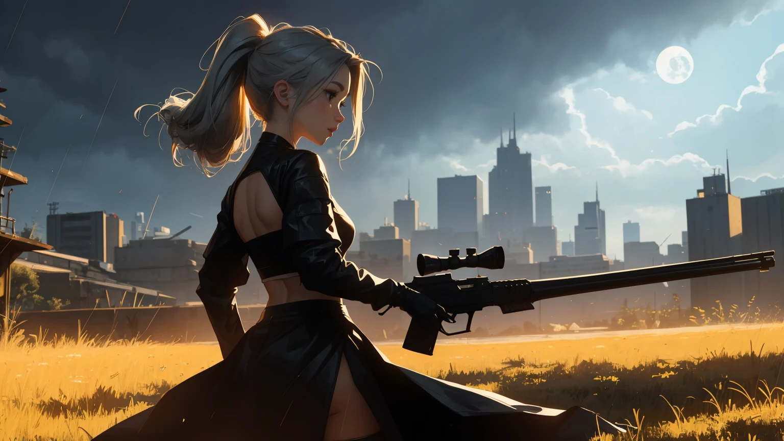 (beste-Qualit)),Cyborg girl in cyborg style，grey hair，Long ponytail hairstyle，(((upper body, a woman stands in a city, dark sky, high buildings, storm, aiming with rifle))), beautiful eyes, beautiful girl, highly detailed skin, highly detailed eyes, Highly detailed hair, highres, extremely detail, Sharpen image, muito detalhado, ​masterpiece, best quality, photorealestic, 1 girl, shorth hair, cyberpunk, jacket, armor, gloves, belt, lederhosen, glowing, Size, tube top, Decollete, holding pistol, rifle,、PBR-Textur、Aftercare、Anisotropy filtering、deep champaximum definition and sharpnesulti-channel textures、Albedo and specular maps、Surface coloring、Precise simulation of the interaction between light and matter、proporções perfeitas、I make octane、two-tone light、big opening、Low ISO、White balance、the rule of thirds、8K RAW、. She is in a dynamic, action-oriented pose, holding dual daggers with an ethereal glow. The background should be a dark, mystical forest or an ancient, ruined temple, with a moonlit sky casting an eerie glow. The overall style should reflect the detailed, fantasy-rich art of Lineage 2, with vibrant colors, dramatic lighting, and a sense of magical realism.、permission 8k、complex parts、Toned waist、Wide buttocks、Эффект Тиндаллаmasuter piece、top quality、Highest standards、Highest image quality、table、complex parts、A high resolution、depth of field、natural soft light、professional lighting、about, standing, very long hair, cowboy shot, brilliant, brilliant hair, (night:1.2),Dreamy, [[gentle fingers and hands:0.55]::0.85],(detailed fingers),),(emotional),(breathtaking),(main part:1.2) whole body.), (Anime Style), (Super Detailed), (brutal), (uhd, HDR), (8K), (High Resolution: 1.2), (Complex and Beautiful: 1.2)