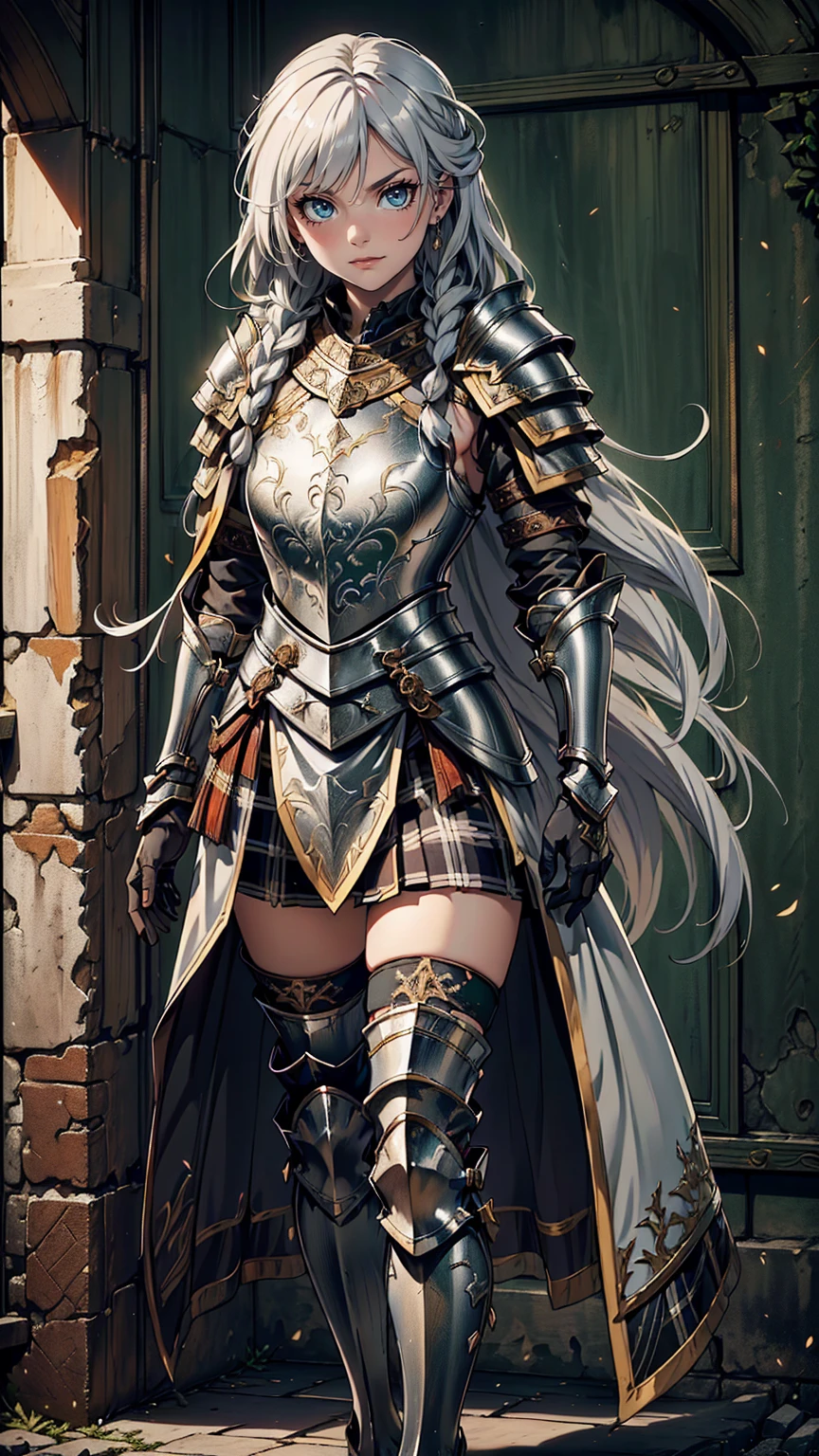 最high quality、Ultra High Definition, Ultra High Quality, Hyper Definition, Hyper Quality, Hyper Detailed, Extremely Detailed, Perfectly Detailed, Best image quality、masterpiece、anime woman((20-year-old、super dynamic pose , Green solid eyes, Silver long Hair with small braids、Disheveled Hair、Long White Hair,  Glove、Plaid Skirt, Noble Armor, Smirk, cheerful expression, Detailed Cuirass , Dressed in Full Coverage Noble Plate Armor, armor leg)),high quality、Beautiful art、background((Inside the mansion))、Written boundary depth、  movie、Visual Arts、Perfect art、8K,Genuine、