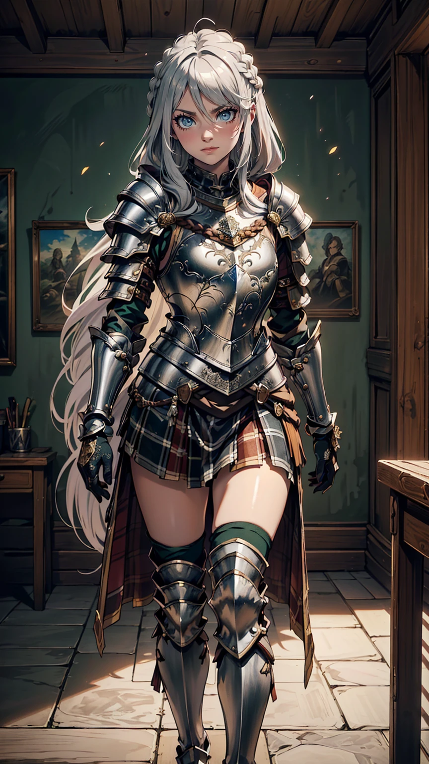 最high quality、Ultra High Definition, Ultra High Quality, Hyper Definition, Hyper Quality, Hyper Detailed, Extremely Detailed, Perfectly Detailed, Best image quality、masterpiece、anime woman((20-year-old、super dynamic pose , Green solid eyes, Silver long Hair with small braids、Disheveled Hair、Long White Hair,  Glove、Plaid Skirt, Noble Armor, Smirk, cheerful expression, Detailed Cuirass , Dressed in Full Coverage Noble Plate Armor, armor leg)),high quality、Beautiful art、background((Inside the mansion))、Written boundary depth、  movie、Visual Arts、Perfect art、8K,Genuine、