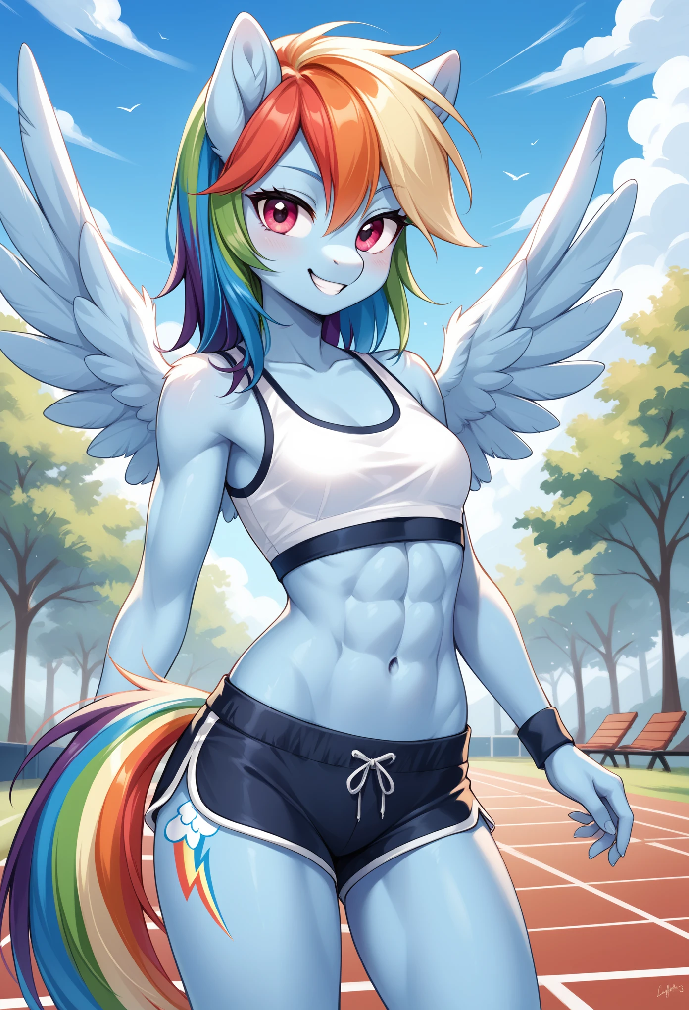 score_9, score_8_up, score_7_up, score_6_up, rainbow dash, pony, furry, blue skin, small wings, multicolored hair, anthro, pony face, white crop top, (toned:0.5), smile, small breasts, gym shorts, medium hair, blue sky