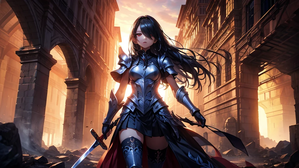 masterpiece, best quality, high quality, detailed, ultra detailed, hyper detailed, insanely detailed, exquisite, beautiful, FHD, Full-HD, 4K, 8K, 16K, highres, absurdres,Overall reddish black, ((1girl)), medium shot,mystic knight, serious look, sword fighting, covering one eye, black hair, red eyes, armor, long boots, with a sword, fantasy,hailoknight, holding sword, holding weapon,cowboy shot