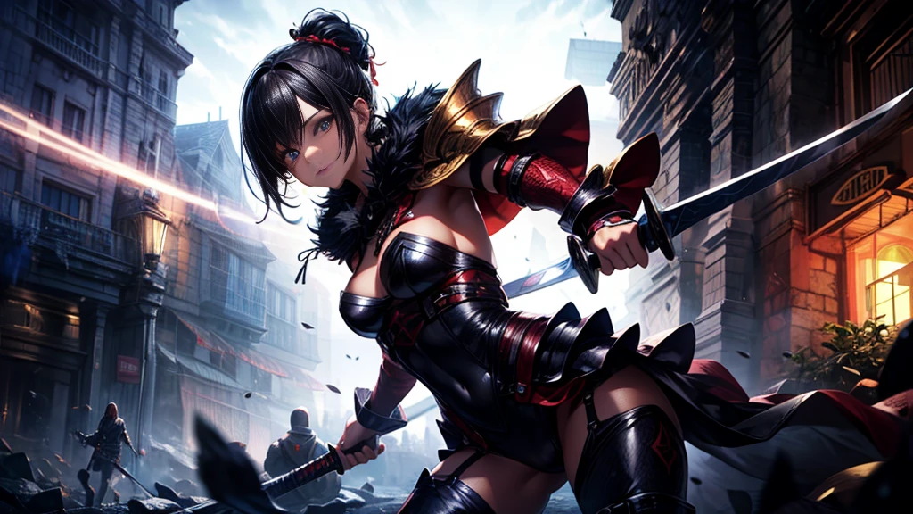 masterpiece, best quality, high quality, detailed, ultra detailed, hyper detailed, insanely detailed, exquisite, beautiful, FHD, Full-HD, 4K, 8K, 16K, highres, absurdres,Overall reddish black, ((1girl)), medium shot,mystic knight, serious look, sword fighting, covering one eye, black hair, red eyes, armor, long boots, with a sword, fantasy,hailoknight, holding sword, holding weapon,cowboy shot