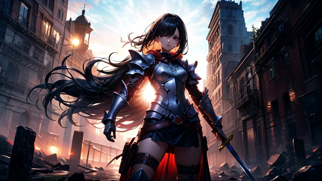 masterpiece, best quality, high quality, detailed, ultra detailed, hyper detailed, insanely detailed, exquisite, beautiful, FHD, Full-HD, 4K, 8K, 16K, highres, absurdres,Overall reddish black, ((1girl)), medium shot,mystic knight, serious look, sword fighting, covering one eye, black hair, red eyes, armor, long boots, with a sword, fantasy,hailoknight, holding sword, holding weapon,cowboy shot