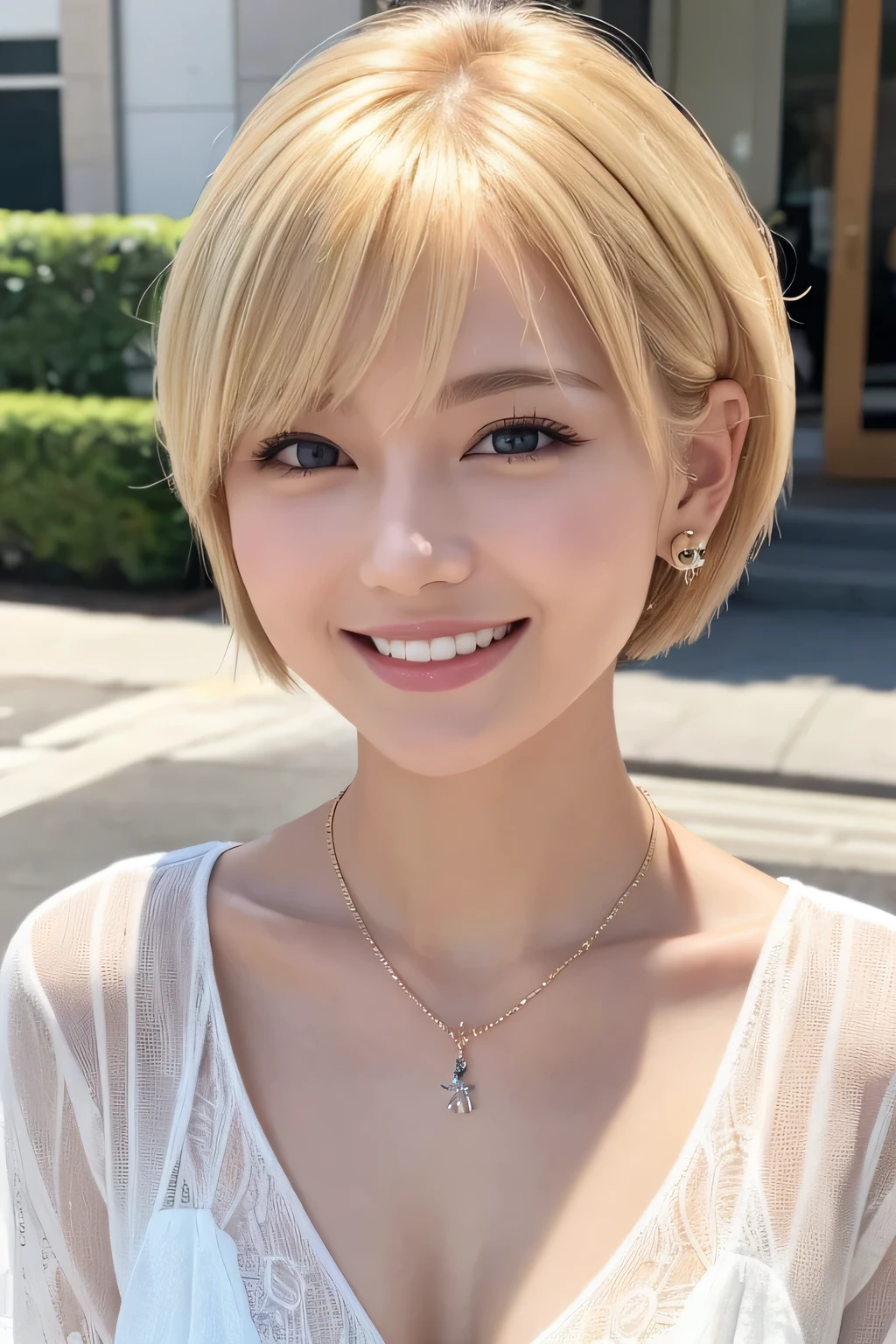 young woman、Blonde、Short Haircut、、ear piercing、Necklace around the neck、blouse、Emphasize the chest、smile、Beautiful teeth alignment、Intricate details, Very detailed:1.2), 、 Looking into the camera、The background is the office

