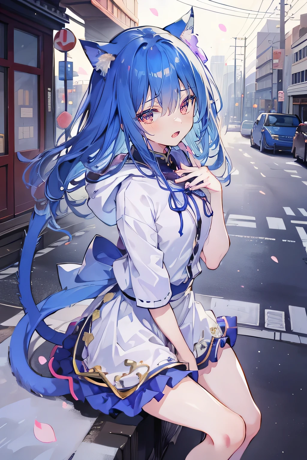 (masterpiece:1.2),Super detailed,lifelike,Expressive eyes,fair skin,perfect face shape,1 girl,
Japanese comics,Gorgeous blue hair,flowing blue hair,flowing clothes,Cat ears,Petals fall,beautiful lola,Baby Angel,
Shaking head with one hand,Cross your legs,smile, wearing hoodie,snowing,City streets。