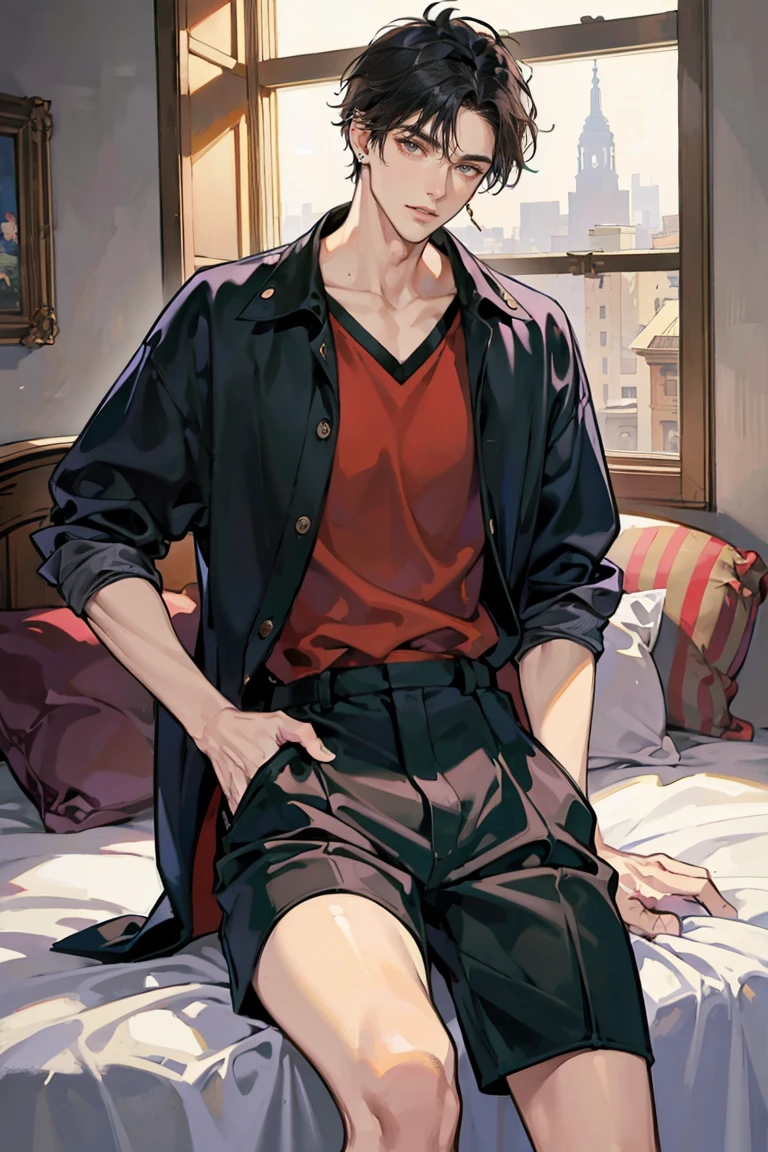 (masterpiece), best quality, seductive eyes, perfect face, handsome man, brown eyes, long middle part black hair, long nose, tan brown skin, volleyball jersey, black shorts, extremely tall man, long legs, long calves, sitting on a bed, tall man, long legs, anime cover, 1boy, ear piercings, hands in pockets, adult-like look, cafe background
