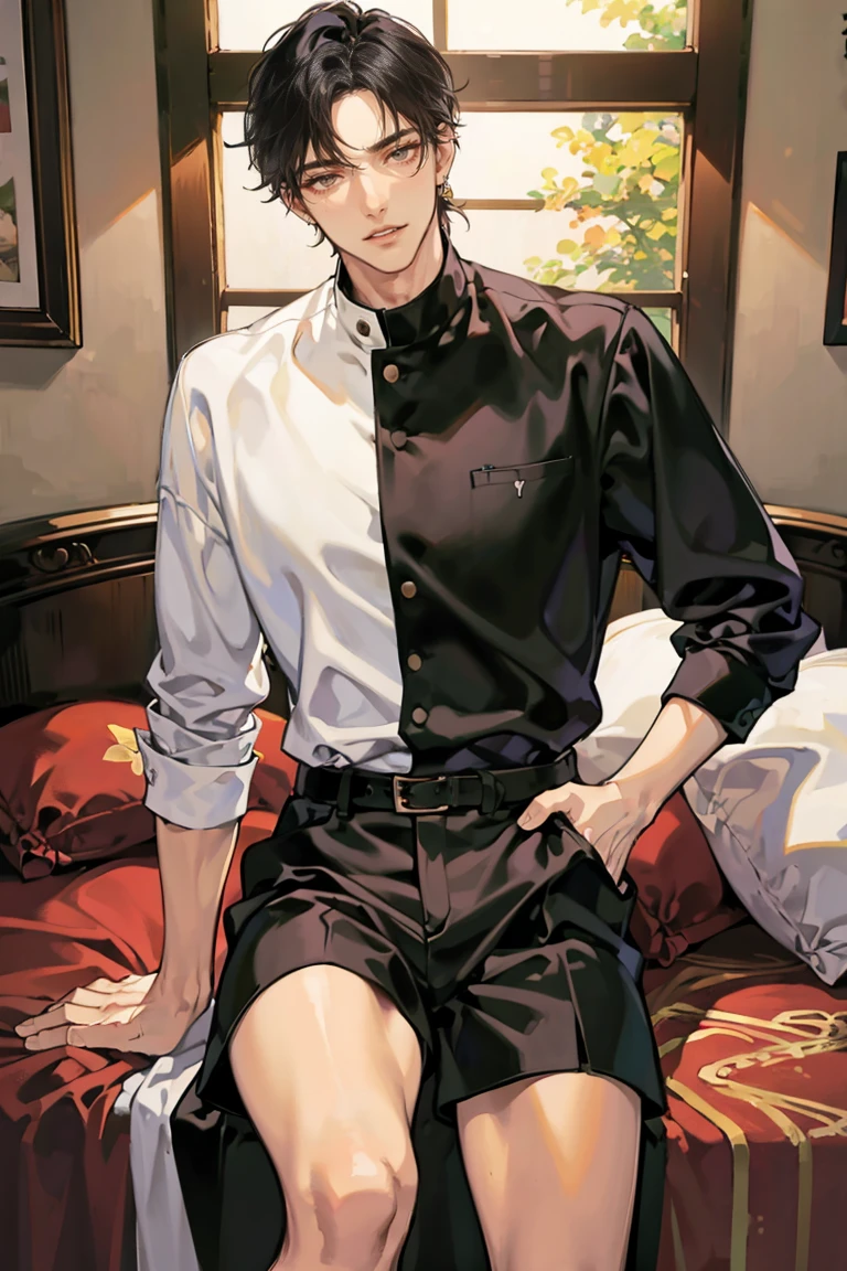 (masterpiece), best quality, seductive eyes, perfect face, handsome man, brown eyes, long middle part black hair, long nose, tan brown skin, volleyball jersey, black shorts, extremely tall man, long legs, long calves, sitting on a bed, tall man, long legs, anime cover, 1boy, ear piercings, hands in pockets, adult-like look, cafe background
