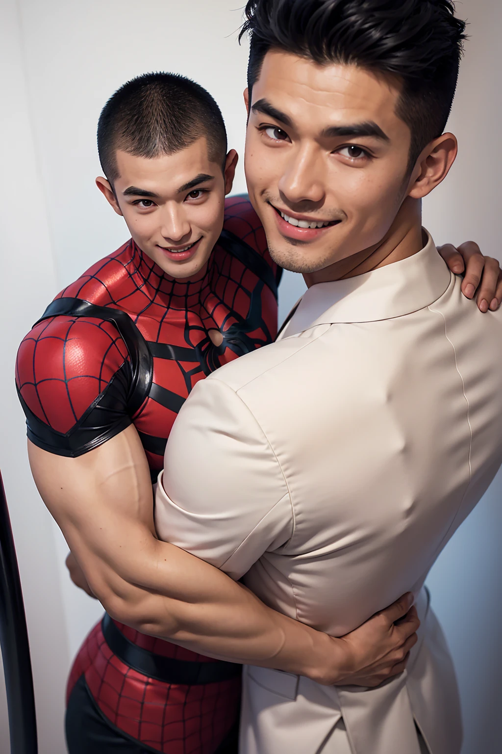 A man with black hair, pink highlights, black eyes, a handsome face, Full chest muscles, Buzz cut，Stylish short hair，a mischievous smile, eyebrow piercing, nose piercing, wearing a Spider-Man costume. Face looks like a Chinese man A little muscular sexy poses and hugged the neck of a tall man with white hair, red eyes, and a mischievous smile. Wear a white suit and have long hair. His face was handsome, tall, muscular, and smiling. He held a katana.