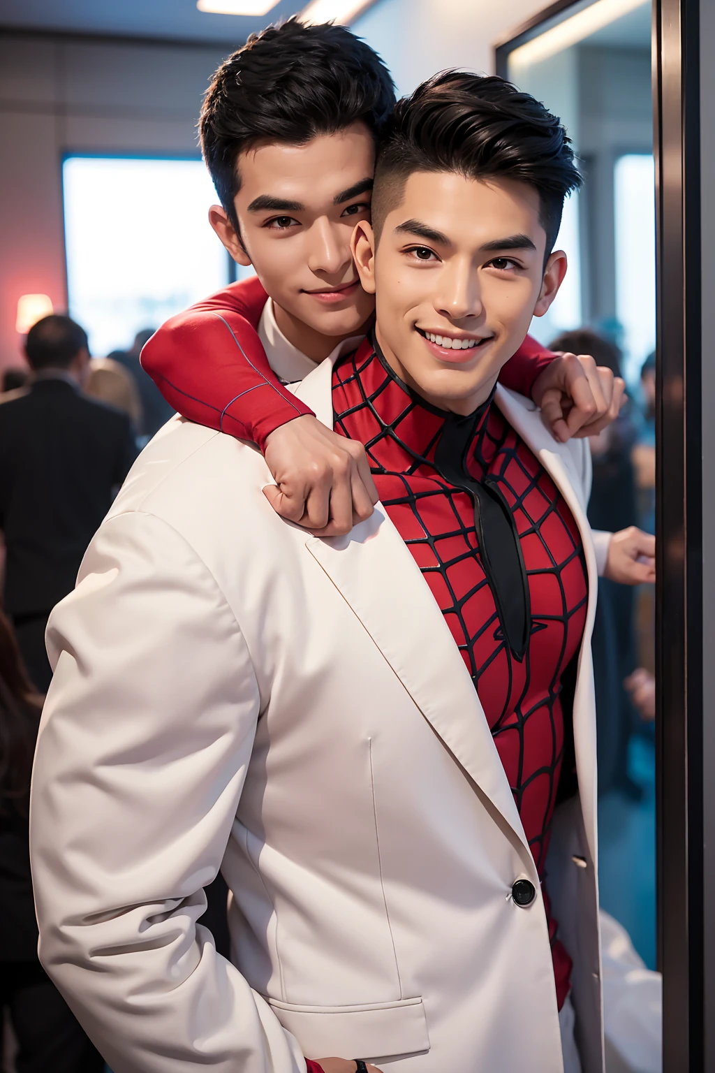 A man with black hair, pink highlights, black eyes, a handsome face, Full chest muscles, Buzz cut,Stylish short hair,a mischievous smile, eyebrow piercing, nose piercing, wearing a Spider-Man costume. Face looks like a Chinese man A little muscular sexy poses and hugged the neck of a tall man with white hair, red eyes, and a mischievous smile. Wear a white suit and have long hair. His face was handsome, tall, muscular, and smiling. He held a katana.