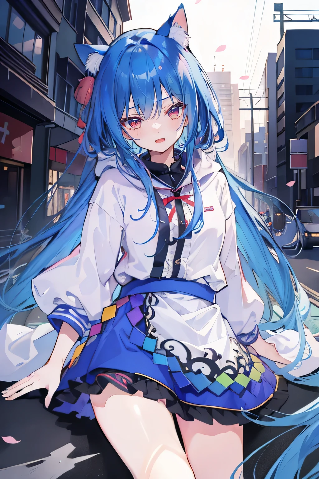 （masterpiece：1.2），Super detailed，lifelike，Expressive eyes，fair skin，perfect face shape，1 girl，
Japanese comics,Gorgeous blue hair,flowing blue hair,flowing clothes,Cat ears,Petals fall,beautiful lola,Baby Angel,
Shaking head with one hand，Cross your legs，smile, wearing hoodie,snowing，City streets。