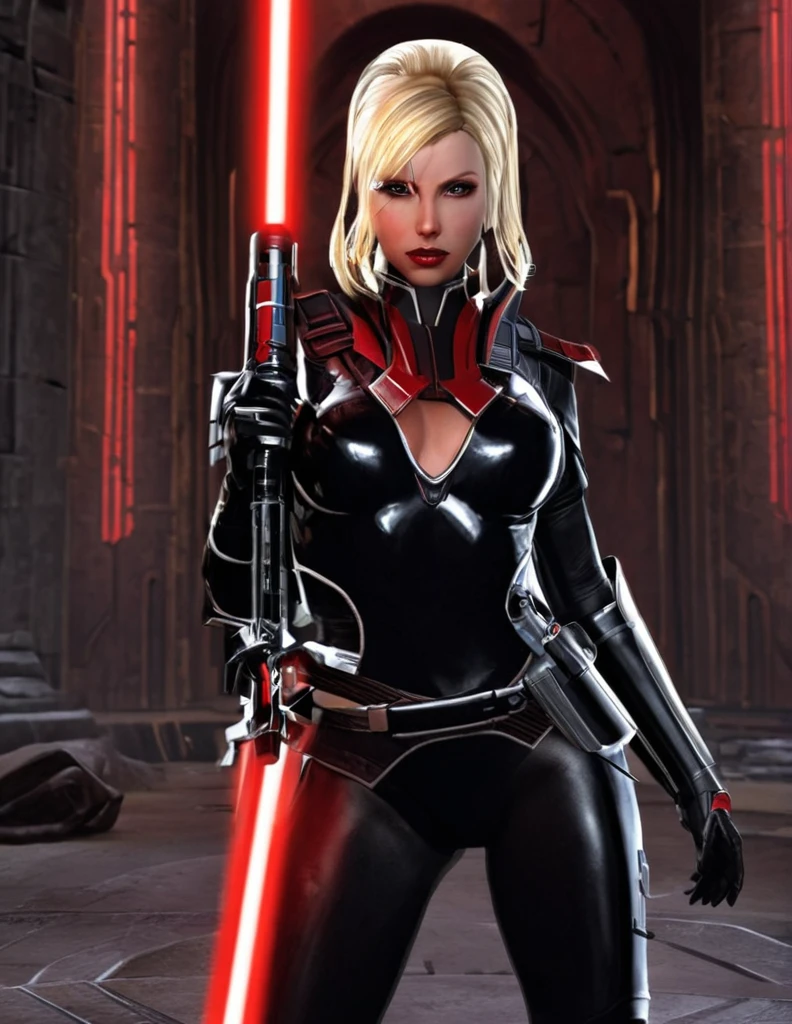 Une femme blonde seule, sensuelle, en seigneur sith, inspiré de star Wars old republic, en armure moulante noir, marche dans des ruines d'un temple sith de koriban sombre, sabre laser rouge en main, a un regard fort, un visage sadique et ensorcelante, démarche gracieuse, courbe parfaite pour le corps.