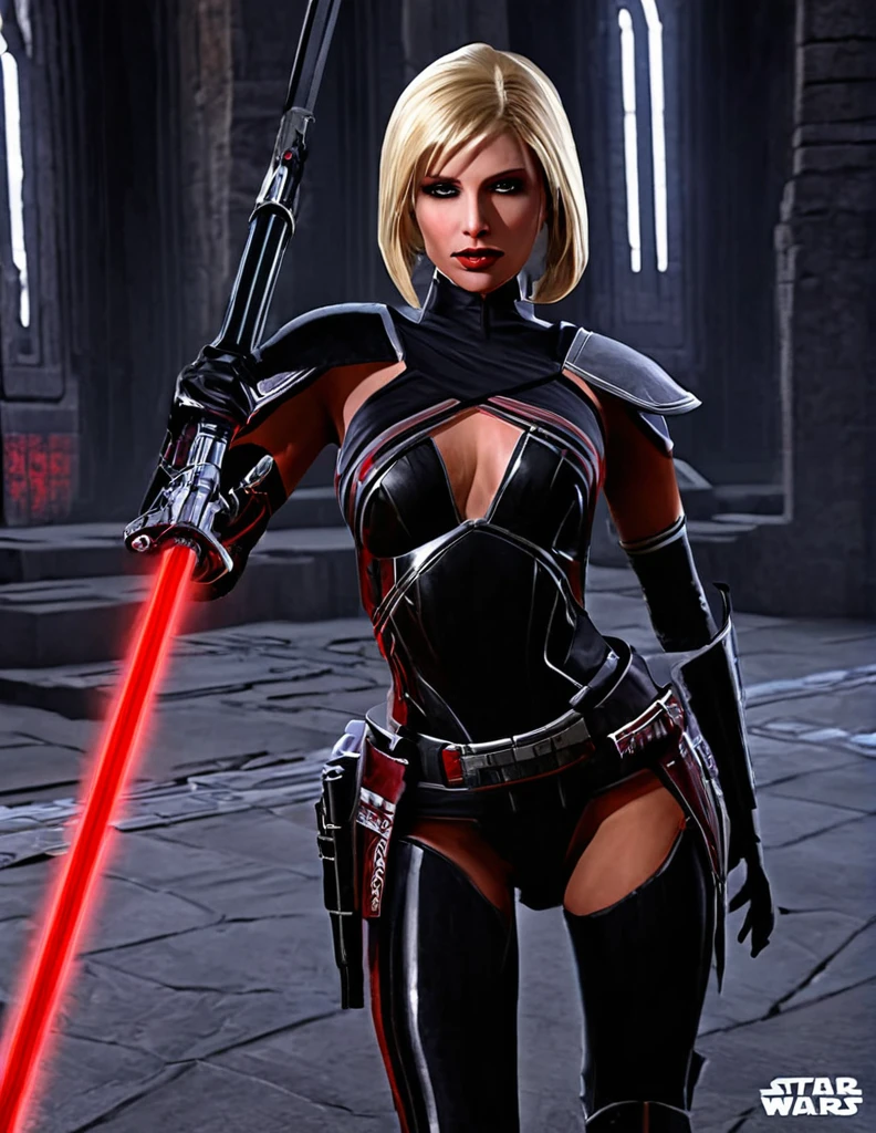 Une femme blonde seule, sensuelle, en seigneur sith, inspiré de star Wars old republic, en armure moulante noir, marche dans des ruines d'un temple sith de koriban sombre, sabre laser rouge en main, a un regard fort, un visage sadique et ensorcelante, démarche gracieuse, courbe parfaite pour le corps.