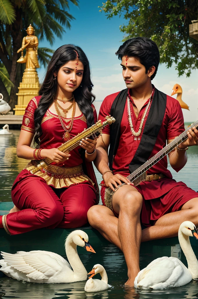 Create a realistic picture “A boy is worshiping Saraswati Mata and Saraswati Mata is sitting on a swan and holding a veena in her hand.