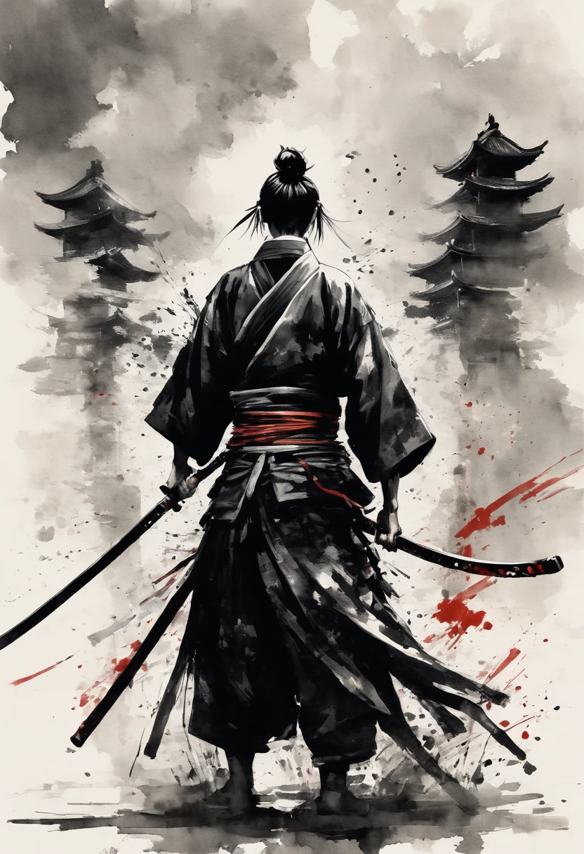 Ink painting,１color,whole body,smile,Leonardo DiCaprio,Medium Hair,Samurai,Black kimono,(haori),kyudo wear,(Intense sword fighting scene with outstretched arms),Drawing strokes drawn with rot ring 0,Dynamic movement and powerful brushstrokes、splash,
