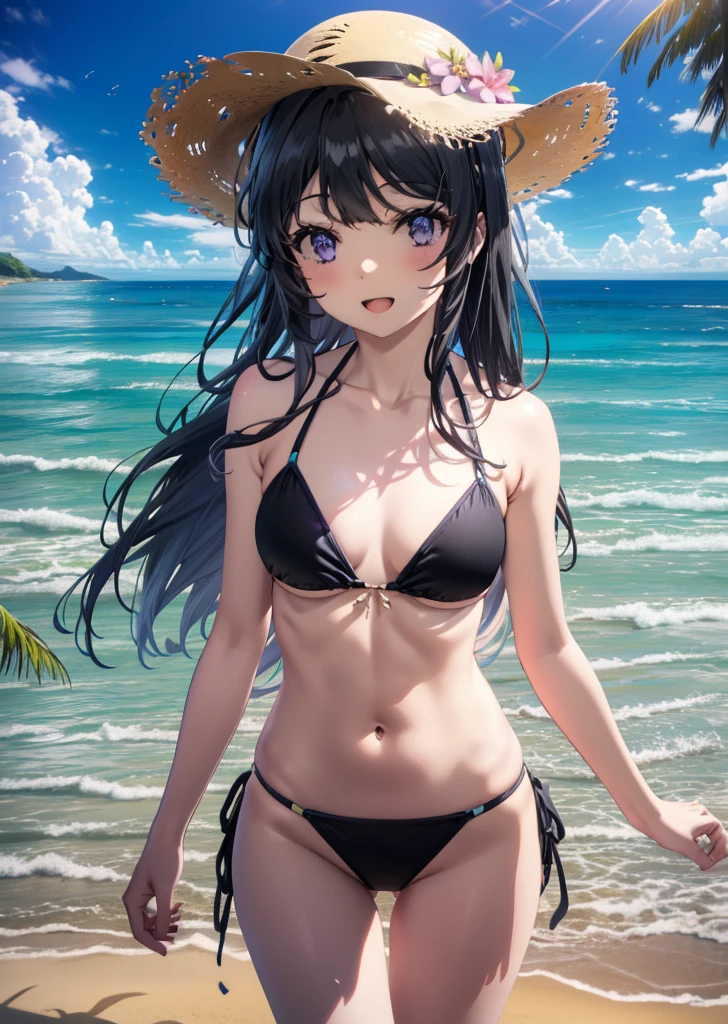 maisakurajima, mai sakurajima, Long Hair, bangs, (Black Hair:1.5), hair ornaments, (Purple eyes:1.1), Black Bikini Swimsuit,barefoot,Straw hat,Walking,True Summer,Strolling on the sandy beach,happy smile, smile, Open your mouth,whole bodyがイラストに入るように,
break outdoors, ビーチ
break looking at viewer,whole body, (Cowboy Shot:1.5),
break (masterpiece:1.2), Highest quality, High resolution, unity 8k wallpaper, (figure:0.8), (Beautiful attention to detail:1.6), Highly detailed face, Perfect lighting, Highly detailed CG, (Perfect hands, Perfect Anatomy),