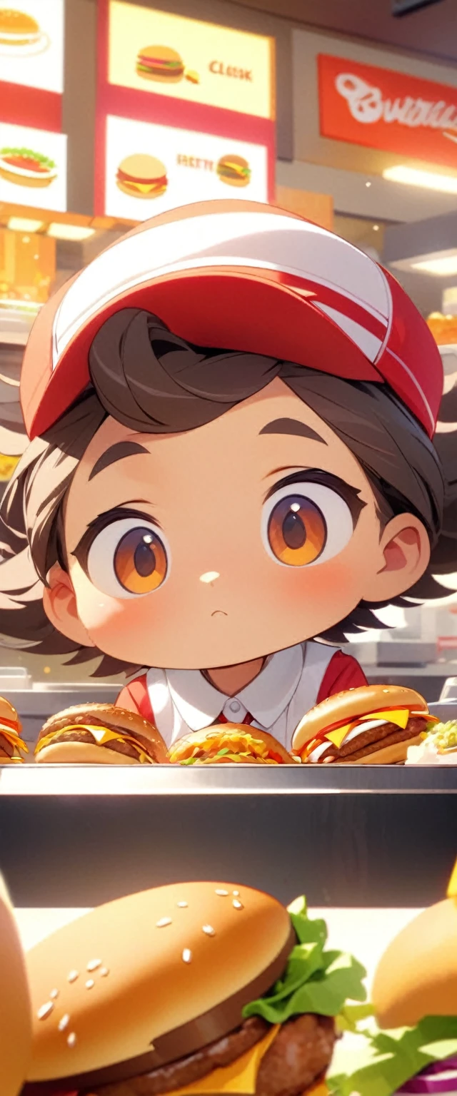 Close-up of cute, hard-working and lively fast food restaurant clerk.Beautiful and extremely textured foreground and background,detailed, bright, Animation style high definition and high quality presentation,