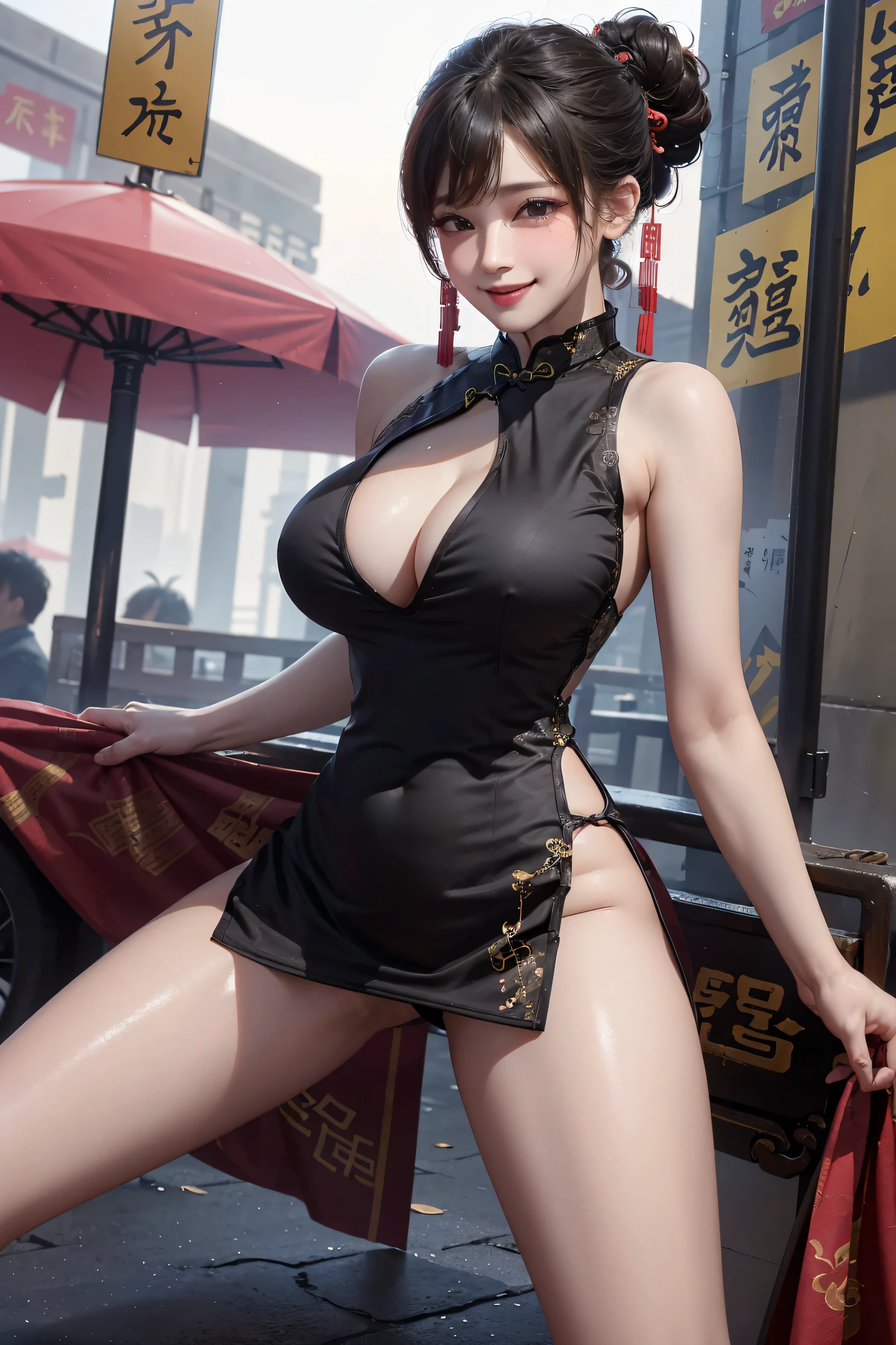 ((16K)),(masterpiece:1.3, Highest quality, Ultra-high resolution, Super detailed), (Realistic, photoRealistic:1.4), Perfect lighting, colorful, Depth of written boundary, Browsing Caution, Surrealism,Face Light,Beautiful detailed hair,Beautiful eyelashes, Beautifully detailed face, Beautiful fine details, Beautiful clavicle, Beautiful body, thin脚,Beautiful breasts, Beautiful feet, Beautiful Hands, Cleavage,Pointed Chest, thin, 1 girl, Perfect Face, Long eyelashes,Perfect Anatomy, Supermodel with a long neck,((Skinny1.3)),looking at the camera,(Perfect Anatomy,Anatomically correct, Highly detailed skin), Shiny skin,((beautiful girl:1.1)),(( large breasts:1.4)),(twin buns:1.3, Black Hair) ,diagonal bangs,Dainty facial structure,((Cute smile:1.3 )),((Are standing)), ((Spread Legs:1.4 )), ((wind effect)),((wearing Cheongsam/cheongsam:1.4)),sexy and glamorous black cheongsam (Chinese dress) ,The dress should feature intricate patterns and a high slit, highlighting its elegant and sultry design. The overall appearance should be striking and eye-catching,cleavage cutout,tight mini skirt,sleeveless, ((wide shot:1.2)),(from below:1.1)),Generate an image of a vibrant and colorful street in Shanghai. The street should be bustling with activity, showcasing bright lights, colorful signs, and a lively atmosphere. Include iconic elements such as traditional Chinese architecture, modern buildings, street vendors, and people walking around to capture the dynamic essence of Shangh