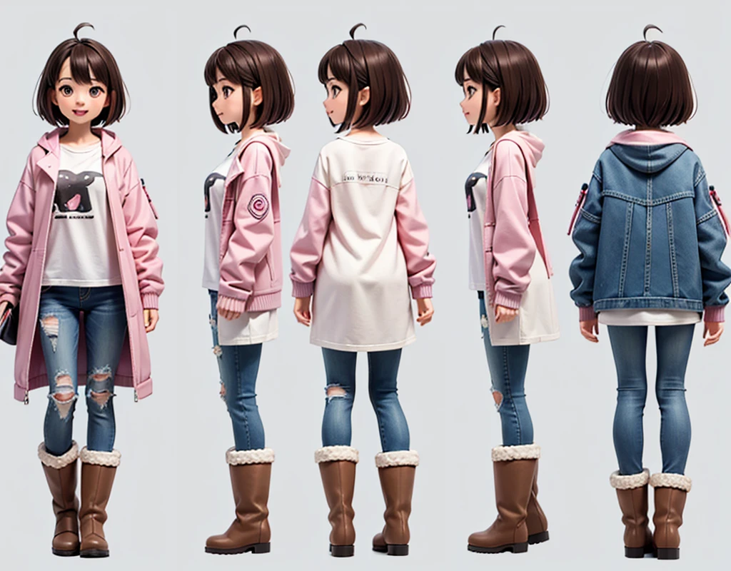 model reference sheet of anime girl, chibi, pink short hair, semi-realistic, round eyes, close mouth smile, light pink puffer jacket, white t-shirt underneath jacket, light denim jeans, brown uggs boots, white background, turnaround, front-side-back