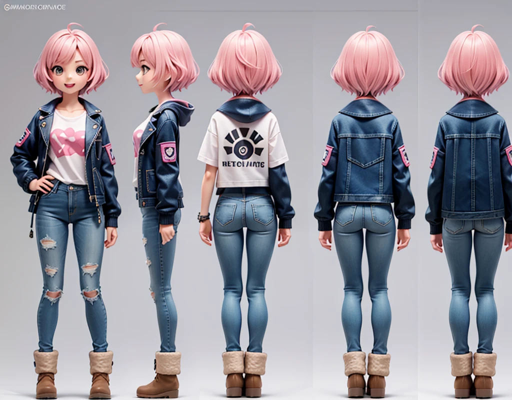 model reference sheet of anime girl, chibi, pink short hair, semi-realistic, round eyes, close mouth smile, light pink puffer jacket, white t-shirt underneath jacket, light denim jeans, brown uggs boots, white background, turnaround, front-side-back