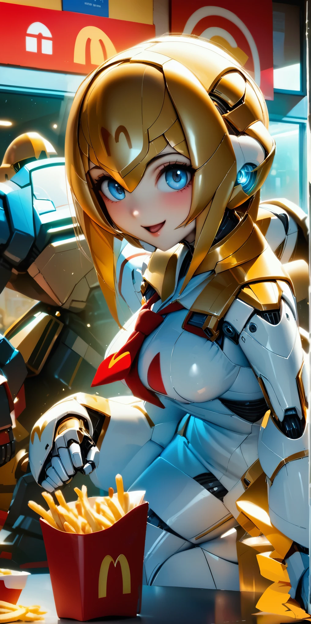 
quality\(8k,wallpaper of extremely detailed CG unit, ​masterpiece,hight resolution,top-quality,top-quality real texture skin,hyper realisitic,increase the resolution,RAW photos,best qualtiy,highly detailed,the wallpaper,cinematic lighting,ray trace,golden ratio\), BREAK , 1girl\((robot),(mecha),android,clerk\(McDonald's\),smile,wearing uniform\(McDonald's\),eye shining,metalic hair,metaric skin,(moving so fast),(motion blur:1.2),cute,big,serving humberger and Macshake and Potato_fries,\),background\(inside shop\(McDonald's\),many customers\(human\)\),(dynamic pose),(dinamic angle),(full body:1.3)