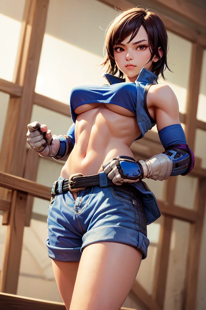 (masterpiece, best quality:1.2), cowboy shot, solo, 1girl, kazama asuka, muscular female, slight smile, looking at viewer, hand on hip, taut clothes, sports bra, crop top, shorts, (gloves:1.1), belt, elbow pads, midriff