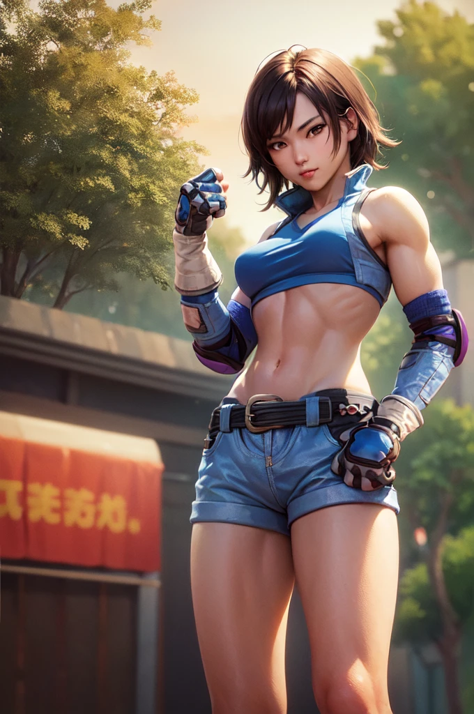 (masterpiece, best quality:1.2), cowboy shot, solo, 1girl, kazama asuka, muscular female, slight smile, looking at viewer, hand on hip, taut clothes, sports bra, crop top, shorts, (gloves:1.1), belt, elbow pads, midriff