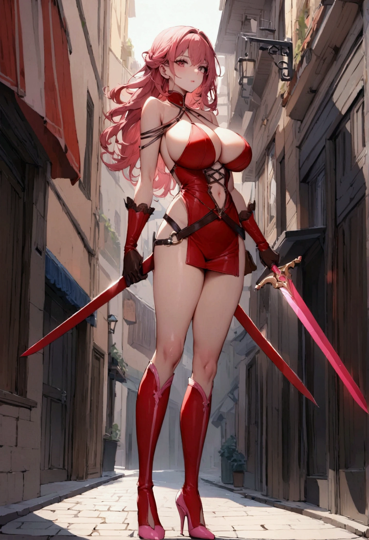 perfect and beautiful face, beautiful girl in  hot red and pink pointed toe stiletto knee high boots, standing on street with sword in her hands ,, leatgher gloves on, big breasts and buts