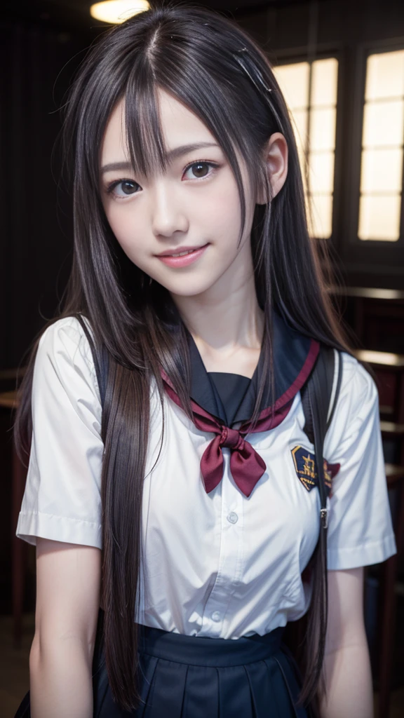 1 Girl, So cute, Great face and eyes, (Beautiful lovely smile), (Very detailed美しい顔), Bright and shiny lips,  Keep staring at me, so beautiful, (school uniform:1.3), (Highest quality:1.4), (super high quality), (Very detailed), (Surreal, Photorealistic:1.37), Real skin texture, 8K wallpapers incorporating highly detailed CG, RAW Photos, Professional photos, Cinema Lighting,