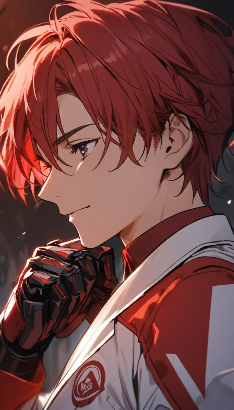 1 boy,,white blazer with logo,red hair,red high tech Armoured hand,calm expression