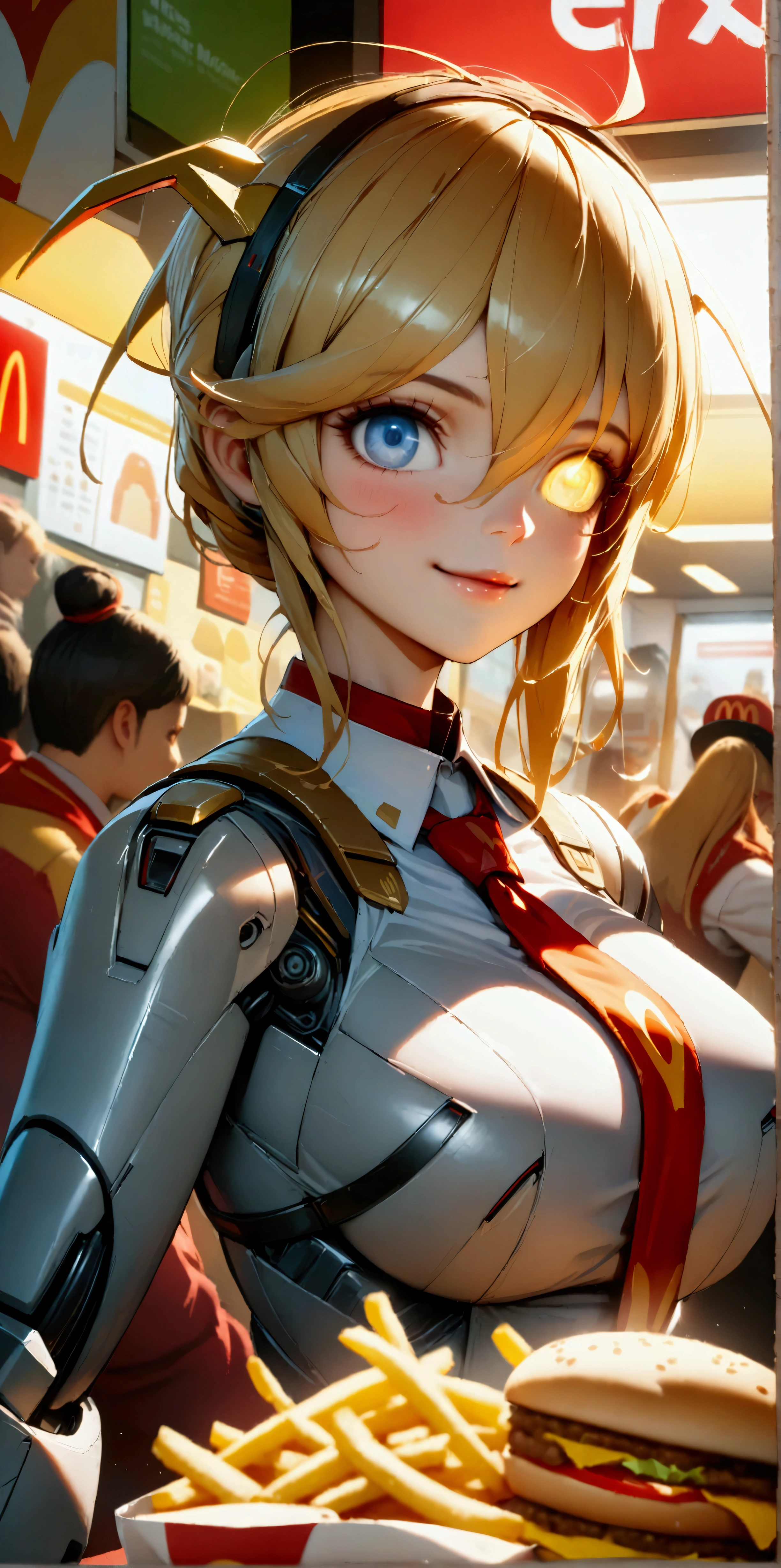 quality\(8k,wallpaper of extremely detailed CG unit, ​masterpiece,hight resolution,top-quality,top-quality real texture skin,hyper realisitic,increase the resolution,RAW photos,best qualtiy,highly detailed,the wallpaper,cinematic lighting,ray trace,golden ratio\), BREAK , 1girl\((robot),(mecha),android,clerk\(McDonald's\),smile,wearing uniform\(McDonald's\),eye shining,metalic hair,metaric skin,(moving so fast),(motion blur:1.2),cute,big,(serving BigMac\(Humberger\) and Macshake and Potato_fries,)\),background\(inside shop\(McDonald's\),many customers\(human\)\),(dynamic pose),(dinamic angle),(full body)