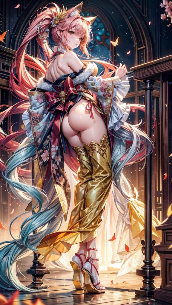 With delicately pointed fox-like ears atop her head and nine voluminous, fluffy tails cascading behind her, the enchanting figure before us embodies a mystical and ethereal beauty. This stunning portrayal, whether in a painting, photograph, or digital art, captures every nuance of her otherworldly allure. The vibrant colors of her fur, a mesmerizing blend of fiery oranges and soft creams, seem to shimmer and dance in the light, highlighting the intricate details of each tail and ear. The image is so exquisitely rendered that one can almost feel the softness of her fur and hear the gentle rustling of her tails as she moves. It is a masterful work of art that immerses viewers in a world of fantasy and wonder. and make her more sexy by giving her very big and ass give her a h cup chest. and a small beauty spot on her right breast. anime-style Japanese hair, shiny crimson hair, Her dress has a beautiful shimmering pulsating gold pattern that gives it an extraordinary look, golden butterflies fly next to the heroine, with their ethereal Japanese beauty (23 years old). A single lock of hair accentuates her delicate features, and she is adorned with sparkling gems. Her expressive eyes shine with emotion, and her fair skin complements her slender figure. This stunning character comes to life through digital painting. milky white skin and sky blue and mint green eyes. her eyes are bright and shiny. her frock reaches her ankle. give her a night time background walking among Sakura tress with golden butterflies fly next to the Girl. her nine-tails flow beautifully behind her clearly visible and she is wearing a nice Japanese style sandals. has a big firm ass wearing white stockings with golden design on them her kimono reaches to the ankle and her nine-tails dance behind her in a otherworldly beauty of tails sakura tree petals . golden butterflies fly around her and 1 on her finger