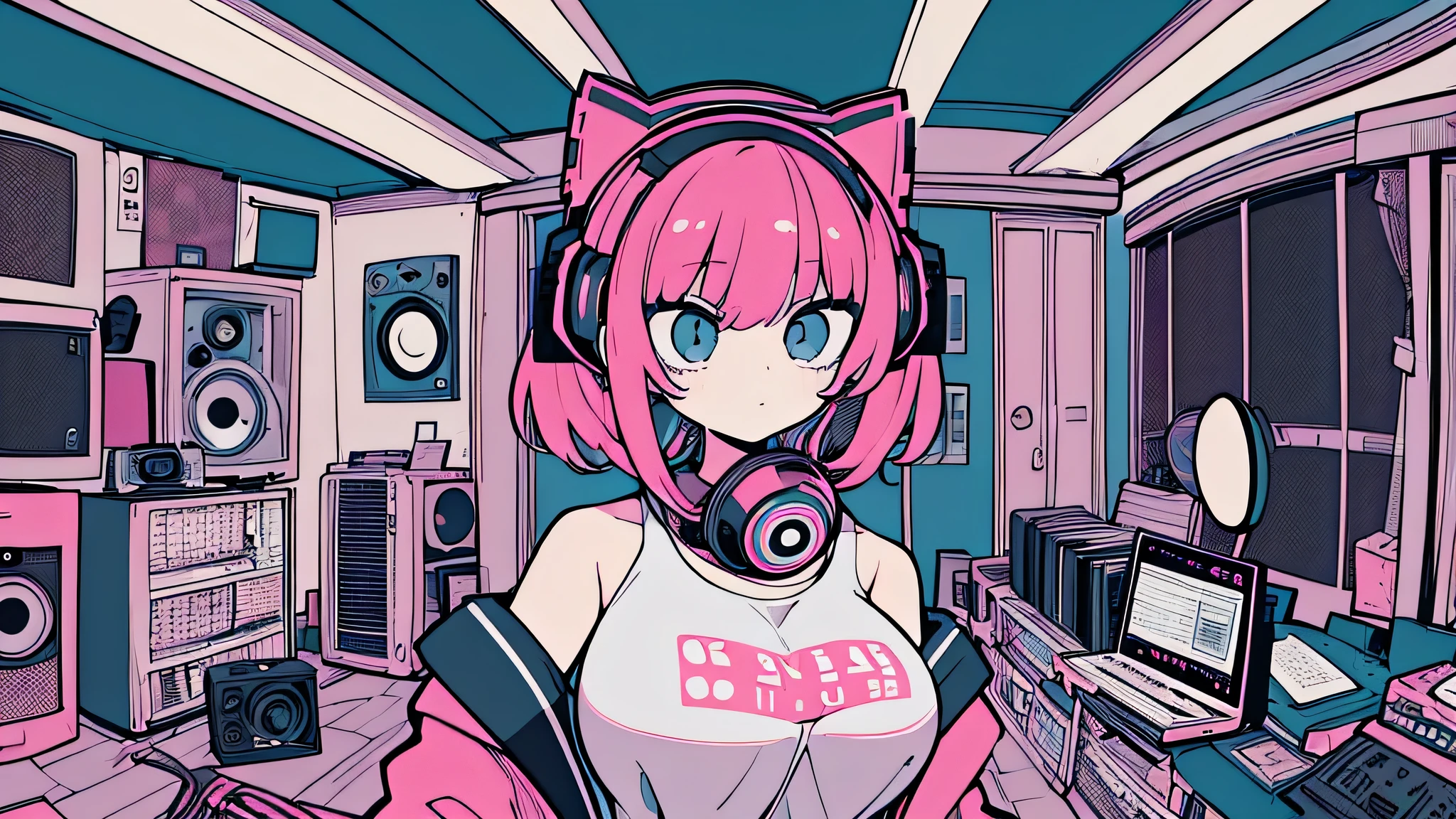 Best quality, (masterpiece), best detail face,1 girl, big breasts, 18 yo, 8k,absurdres,unity 8k wall paper,(extremely detailed:1.3), highest realistic, (retro headphones:), (psychedelic), Her room full of music equipment and records, sports wear , See the whole room, She is at the end of the room, natural color palette
