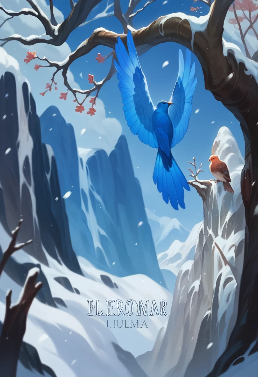 a close up of a boy sitting under a tree with a bird,snow mountain, plum tree, official artwork, album cover, detailed artwork, winter, comprehensive artwork, album art, snow, beautiful day