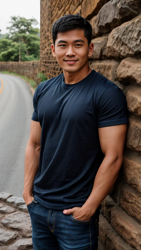 Thai man ,man,He is about 30 years old..,Rough and handsome appearance,large breastsj,Big waistline,buzz cut, angry, sullen, best quality, Masterpiece,(Have muscles:4.5),(best quality,high resolution,Masterpiece:1.2),The eyes are natural and delicate..,1 person,alone,gay asian,muscle,Long legs,brave,short hair details,conjunctivitis ,strong,brown eyes, (road background stone wall:1.5),in the market,sit (Blue T-shirt:1.3),Jeans ,smile