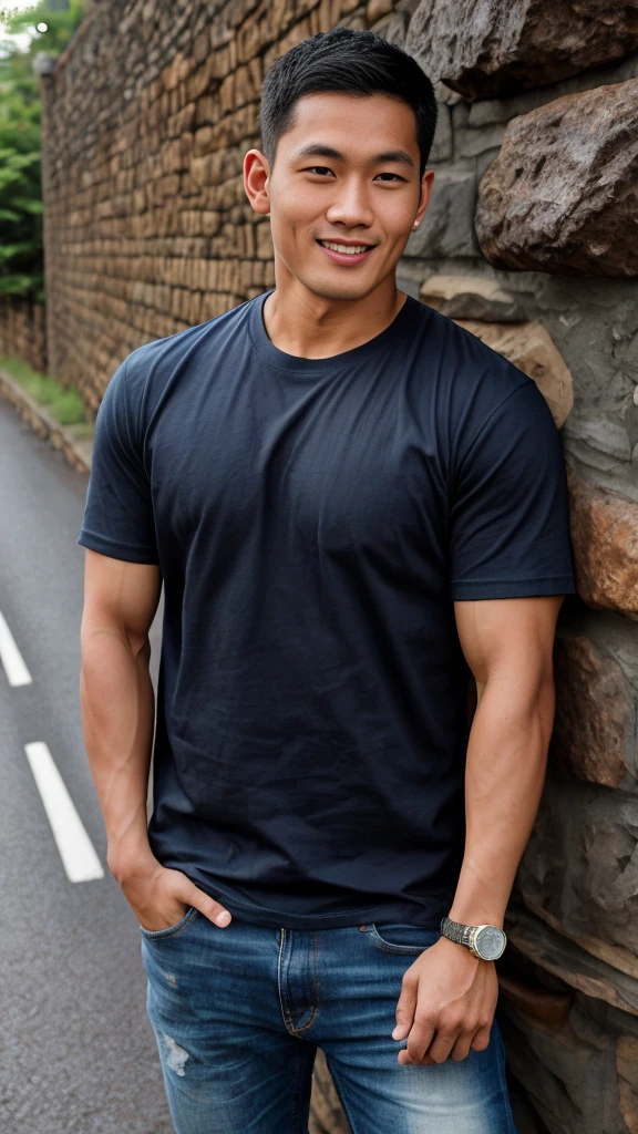 Thai man ,man,He is about 30 years old..,Rough and handsome appearance,large breastsj,Big waistline,buzz cut, angry, sullen, best quality, Masterpiece,(Have muscles:4.5),(best quality,high resolution,Masterpiece:1.2),The eyes are natural and delicate..,1 person,alone,gay asian,muscle,Long legs,brave,short hair details,conjunctivitis ,strong,brown eyes, (road background stone wall:1.5),in the market,sit (Blue T-shirt:1.3),Jeans ,smile