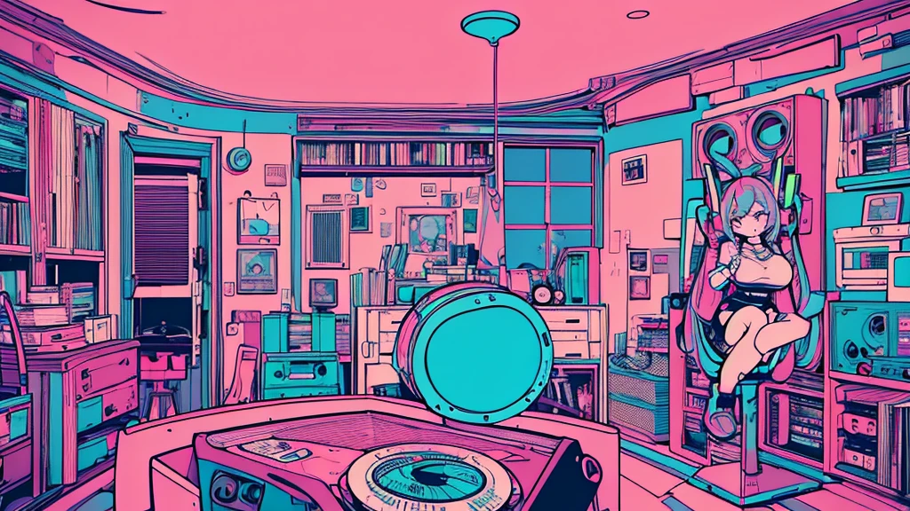 Best quality, (masterpiece), best detail face,1 girl, big breasts, 18 yo, 8k,absurdres,unity 8k wall paper,(extremely detailed:1.3), highest realistic, (retro headphones:), (psychedelic), Her room full of music equipment and records, sports wear , See the whole room, She is at the end of the room, natural color palette
