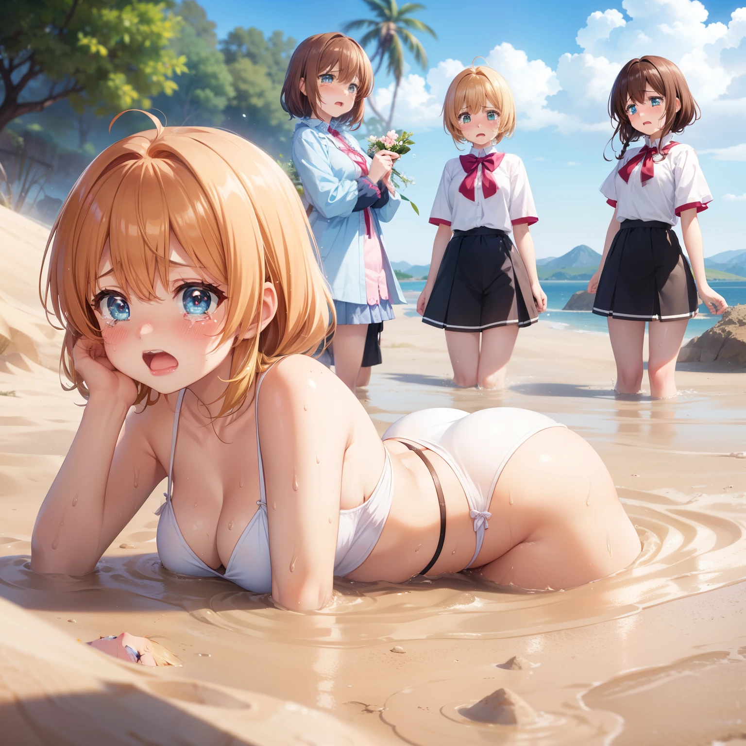 masterpiece, best quality, highres, (5girls), (multiple girls:1.5), blush, anime CG style, good lighting, desert, sand, (quicksand, partially submerged), (upset, tears in her eyes), kinomoto sakura, aichan, breasts