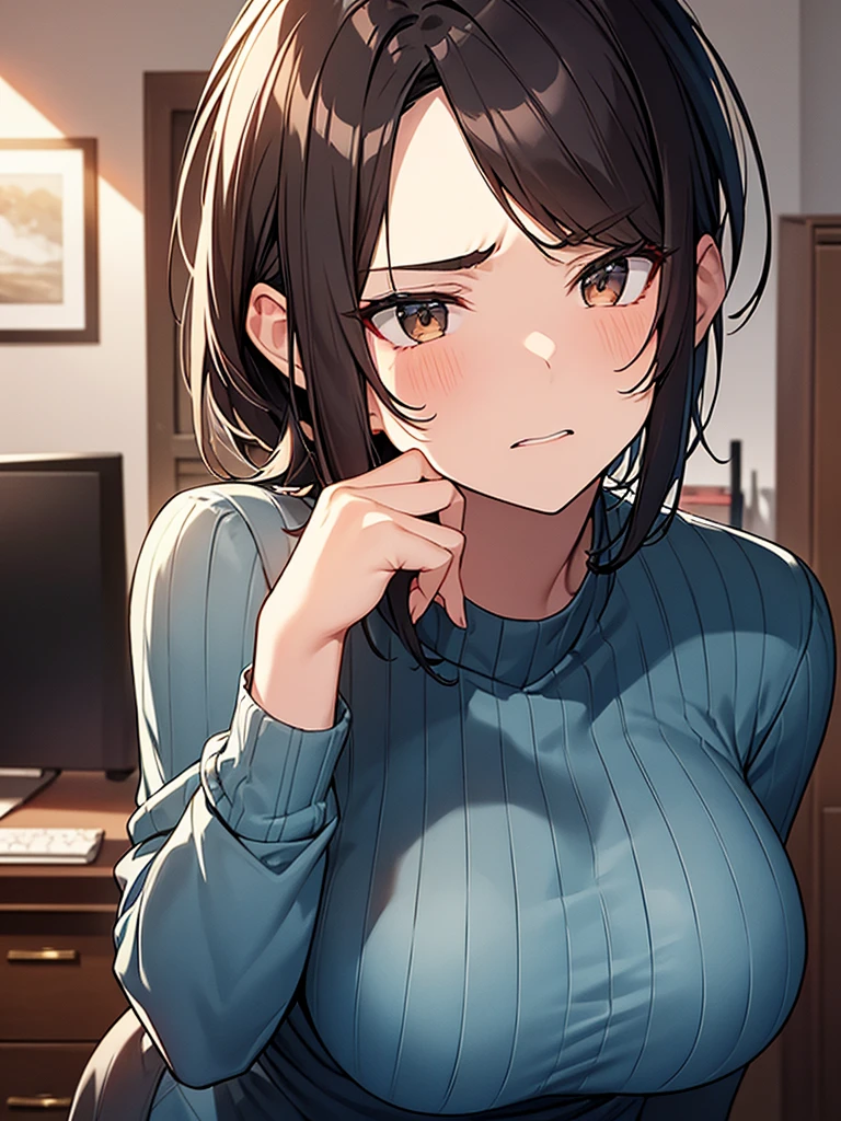 Close-up on facial expression: displeased:1.9 Being forced to kiss:1.3. Wrinkles on the brow:1.9 Tall Women:1.3 Naked short-haired man:1.9 (Black short hair woman ponytail:1.9 Straight hair, bangs swept to the side:1.9. Slanted eyes, brown eyes, tall, big breasts, strong-willed, beautiful, looks away:1.3. Wrinkles on the brow:1.3 Troubled face:1.3 Apartment Bedroom)