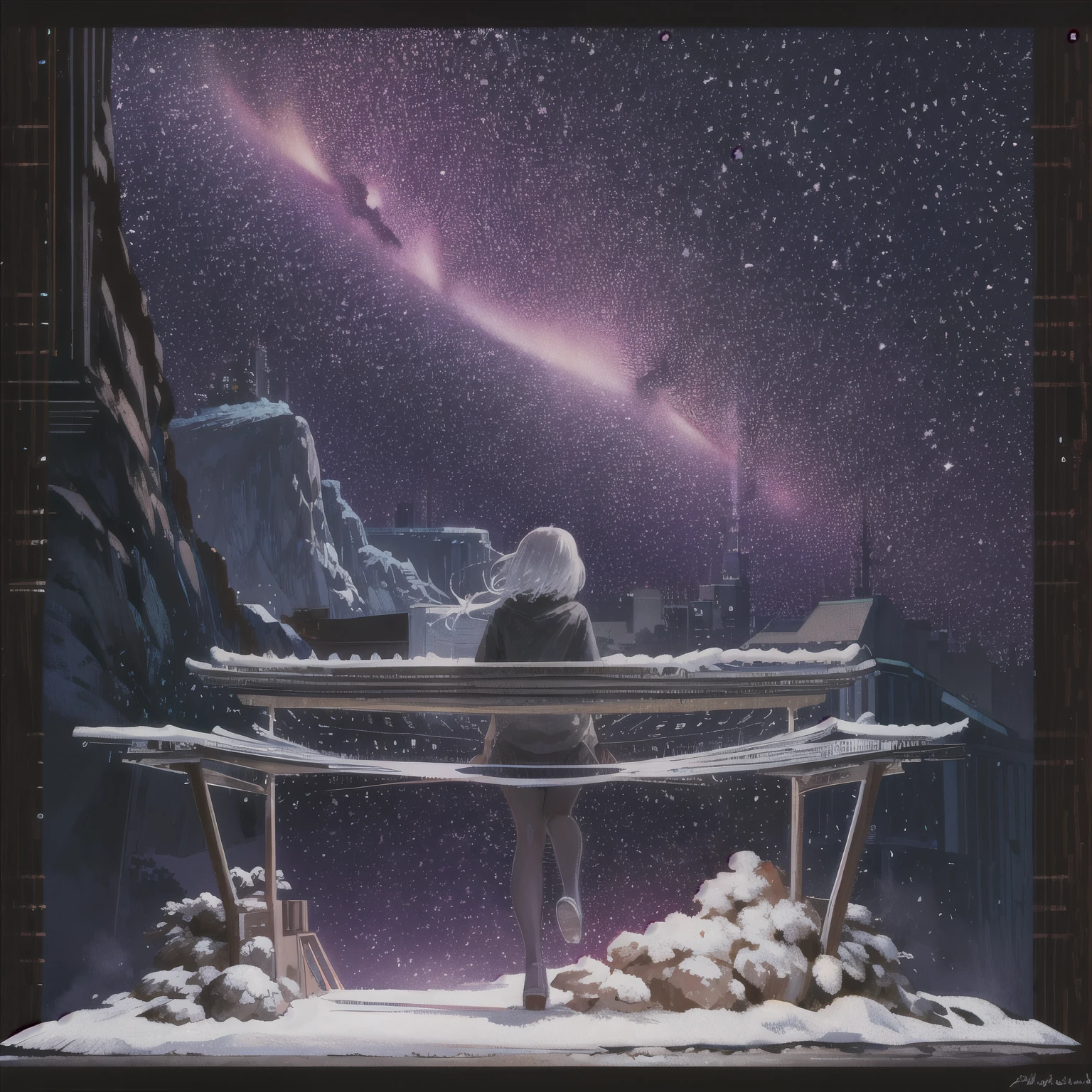 Octane, null, star (null), scenery, starry null, night, One girl, night null, alone, Outdoor, building, cloud, milky way, Sitting, wood, Long Hair, city, silhouette, cityscape