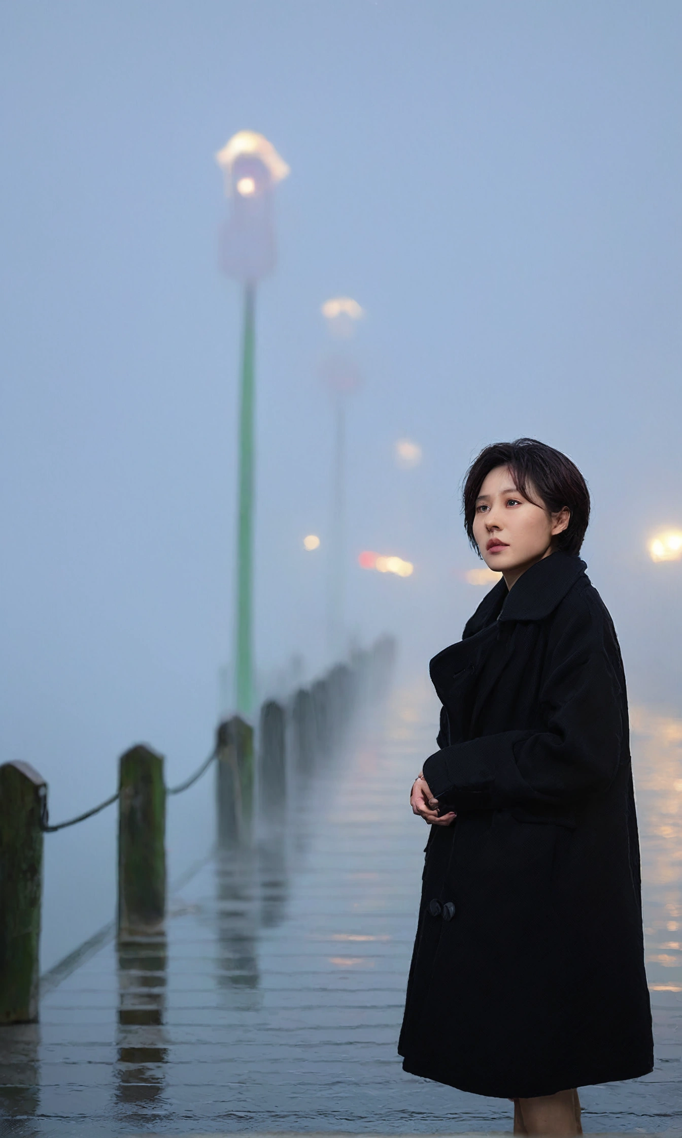 Korean woman,Short hair, black coat, cool,rain,blur,Fog,middle,cool,boring,,pier,only,Coast, The dim light shines in the Fog,and the figure stands in the Fog holding , 짙은 Fog 속에 멀리 등대가 희미하게 보인다