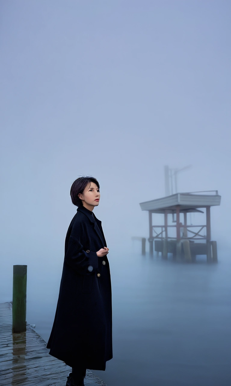 Korean woman,Short hair, black coat, cool,rain,blur,Fog,middle,cool,boring,,pier,only,Coast, The dim light shines in the Fog,and the figure stands in the Fog holding , 짙은 Fog 속에 멀리 등대가 희미하게 보인다