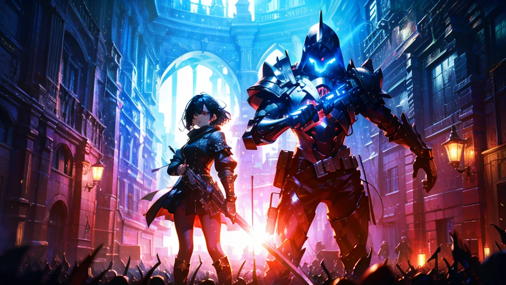 masterpiece, best quality, high quality, detailed, ultra detailed, hyper detailed, insanely detailed, exquisite, beautiful, FHD, Full-HD, 4K, 8K, 16K, highres, absurdres,Overall reddish black, ((1girl)),mystic knight, serious look, sword fighting, covering one eye, black hair, red eyes, armor, long boots, with a sword, fantasy,hailoknight, holding sword, holding weapon,cowboy shot
