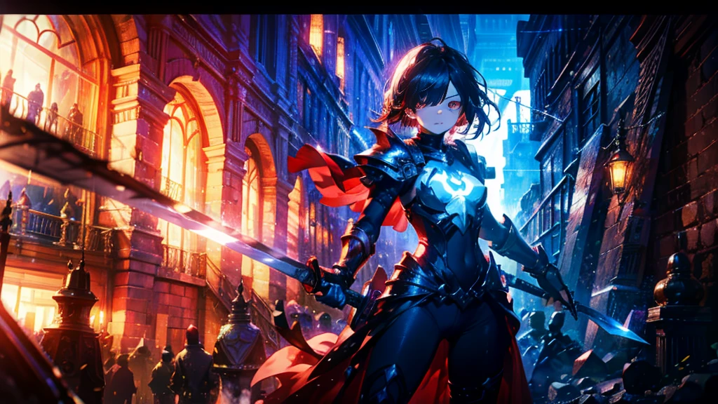 masterpiece, best quality, high quality, detailed, ultra detailed, hyper detailed, insanely detailed, exquisite, beautiful, FHD, Full-HD, 4K, 8K, 16K, highres, absurdres,Overall reddish black, ((1girl)),mystic knight, serious look, sword fighting, covering one eye, black hair, red eyes, armor, long boots, with a sword, fantasy,hailoknight, holding sword, holding weapon,cowboy shot
