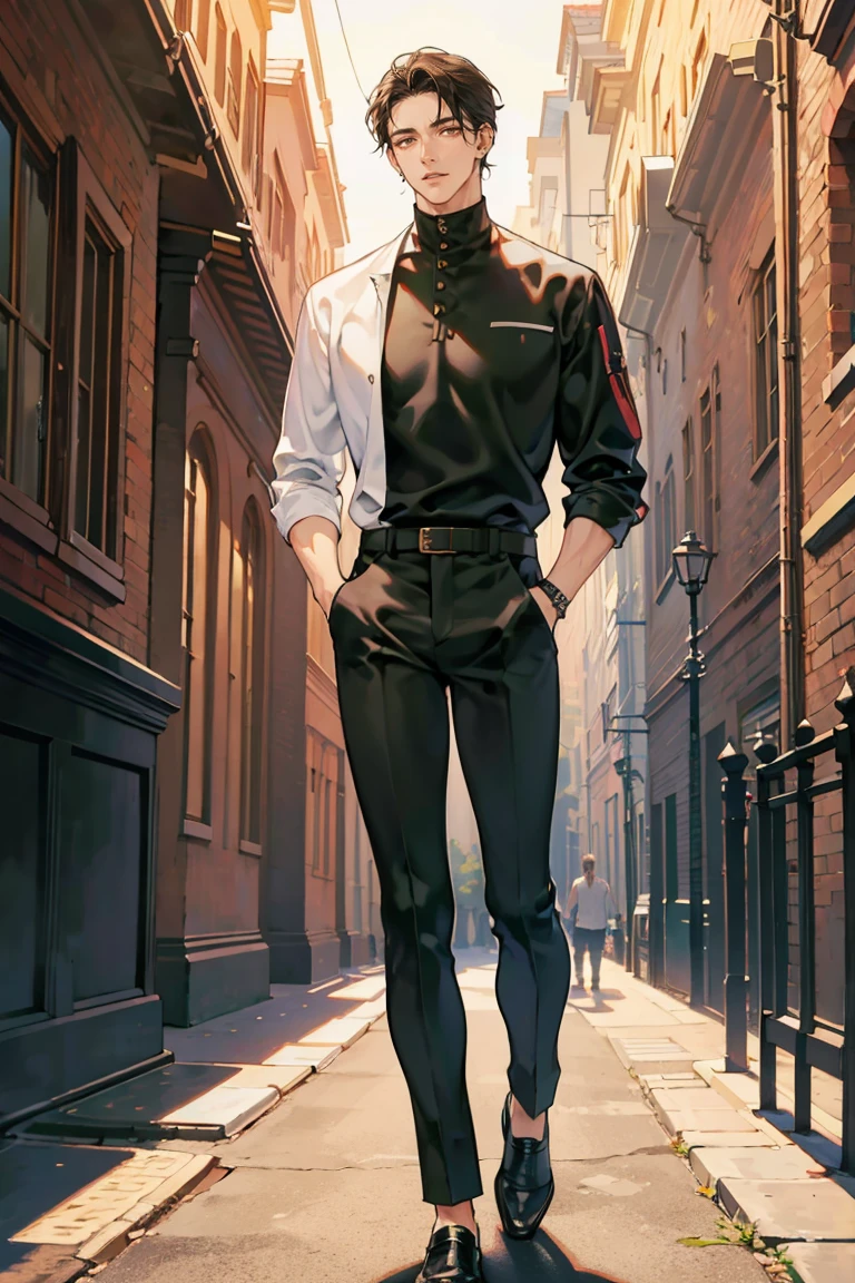 (masterpiece), best quality, seductive eyes, perfect face, handsome man, brown eyes, long slicked back black hair, long nose, tan brown skin, volleyball jersey, black fitted pants, extremely tall man, long legs, long calves, full body, tall man, long legs, anime cover, 1boy, ear piercings, hands in pockets, adult-like look, cafe background
